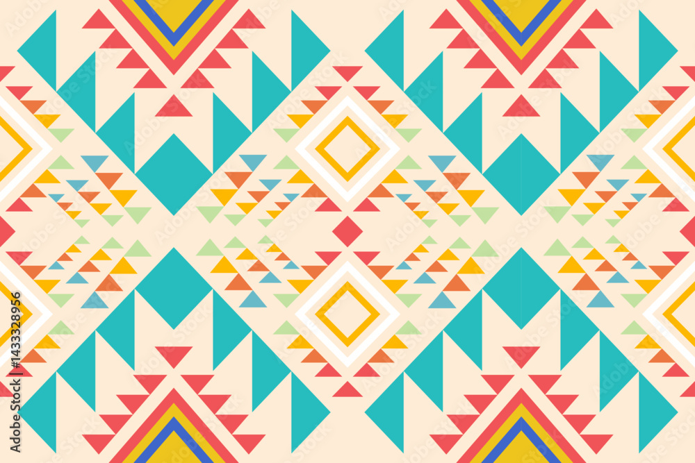Poster vibrant tribal pattern featu geometric shapes and bright colors creates a visually engaging design f