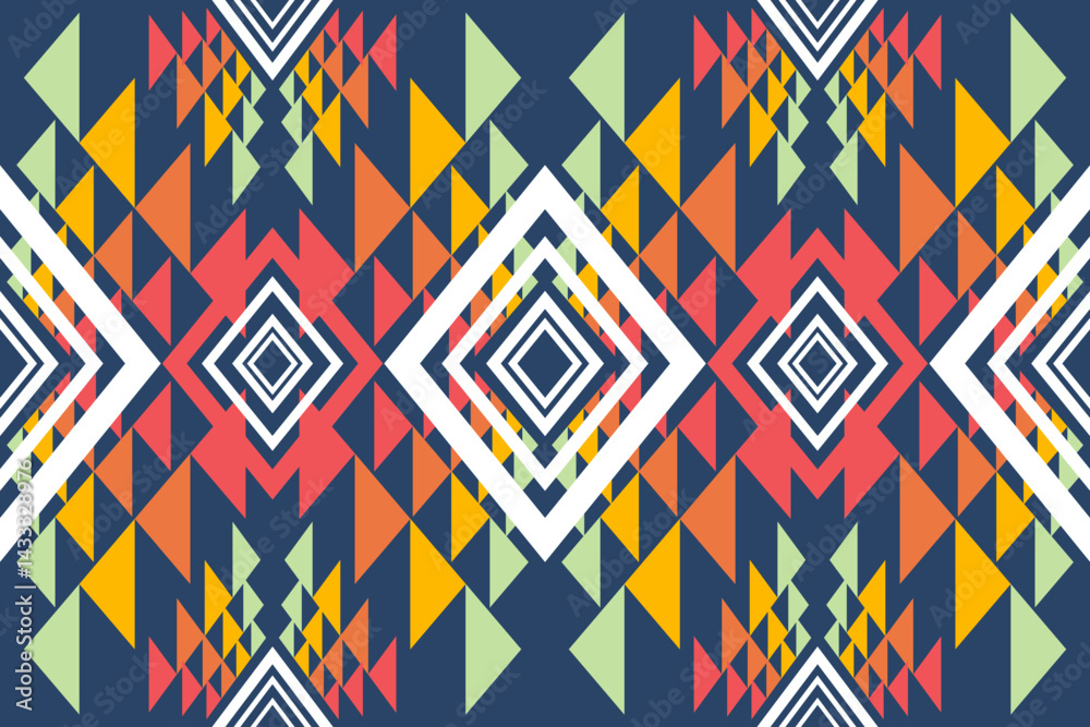 Poster An abstract tribal pattern features vibrant triangles and diamonds arranged symmetrically against a deep blue background for textile design purposes.