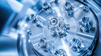 Stainless steel engine surfaces reflecting the structured lighting of the factory ceiling