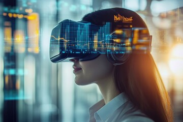 A woman uses VR technology to analyze financial data, visualizing market trends and investment opportunities.