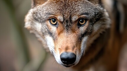 Close-up of a wild red wolf in a forest setting, highlighting its piercing gaze and the urgent need to protect this endangered species. 
