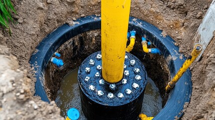 Close-up of an underground septic tank installation for a large commercial property, highlighting the tank, pipes, and connections. 