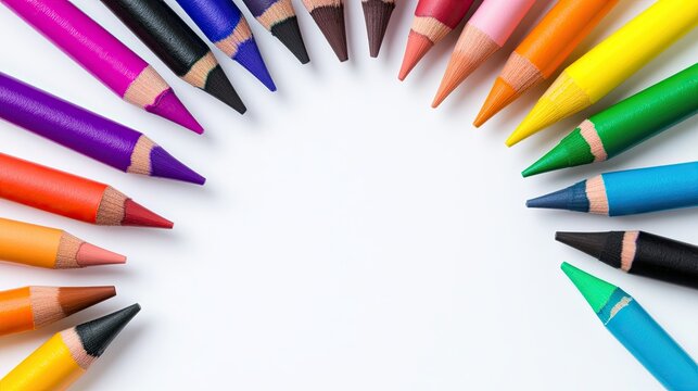 Close-up of vibrant crayons arranged in a circular pattern on a white background, with plenty of empty space for text in the center. 