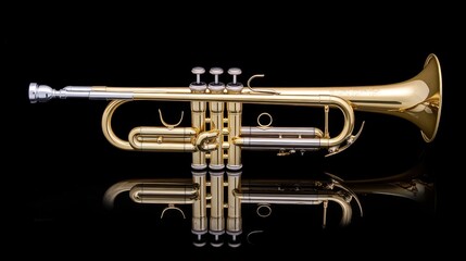 Fototapeta premium Trumpet valves and mouthpiece highlighted against a smooth reflective background