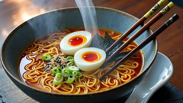 A steaming bowl of delicious ramen with boiled eggs, green onions, and chopsticks resting on the side, served in a traditional bowl.

