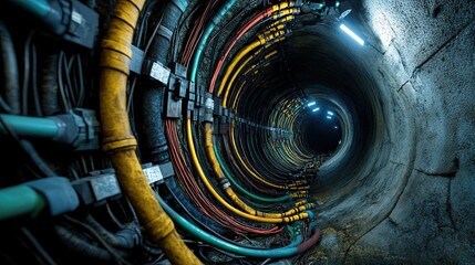 Detailed image of an underground electrical wiring system, with power lines, connectors, and safety measures in place beneath the surface.