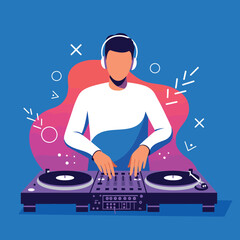 Male DJ mixing music on turntables with headphones vector illustration in vibrant colors 