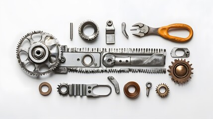 Industrial Parts Flatlay White Background.