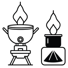 Camping Food & Cooking Gear vector silhouette Line art illustration Camp stove and pot icon duo with stylized heat waves above