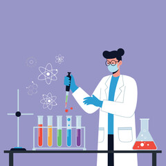 Female scientist in white coat conducting colorful chemical experiment with test tubes and pipette vector illustration 