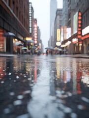 Naklejka premium Rainy city street with taxis and wet reflections 