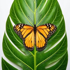 Colorful butterfly resting on a large green leaf.