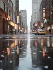 Obraz premium Rainy city street with reflections and taxis 