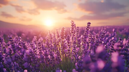 Fototapeta premium Sunset lavender fields with vibrant colors and soft light. Generative AI