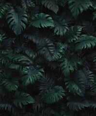 Fototapeta premium Intricate dark green and black exotic leaves, abstract tropical foliage pattern , leaf texture, pattern design, abstract