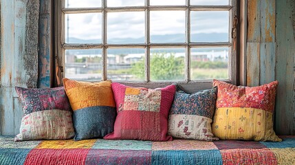 Rustic Window Seat with Colorful Pillows and Quilted Patchwork C
