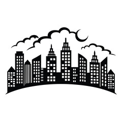 Obraz premium Black and White Cityscape Silhouette with Clouds, Buildings, and Skyline