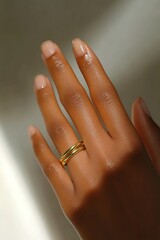 Close-up of a Woman's Hand with a Gold Ring. High-fashion jewelry photography featuring a detailed shot of an elegant gold ring on a woman's hand. The image is elegantly