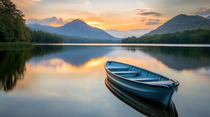 Obraz premium Tranquil Boat on a Still Lake at Sunset, Surrounded by Majestic Mountains and Soft Reflections
