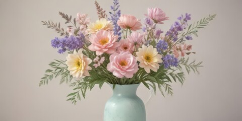 Fototapeta premium Soft pastel watercolor bouquet in a simple vase, painted flowers , spring, composition, painting