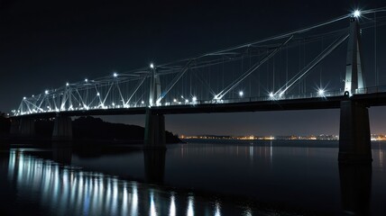 Fototapeta premium Illuminated bridge spanning river at night, city lights in background, perfect for travel or infrastructure projects