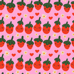 Naklejka premium Vector seamless pattern with strawberry and flowers. Trendy summer background with hand drawn strawberry, flowers.