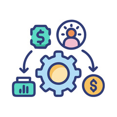 Financial processes icon: Money, idea, gear and result