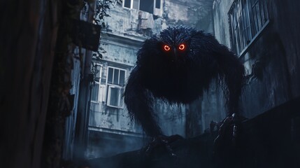 Menacing Dark Creature: Urban Gloom and Red-Eyed Terror