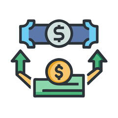 Money transfer concept: cash and coin with arrows