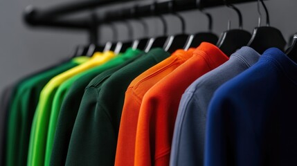A close-up view of a clothing rack displaying a vibrant array of colorful long-sleeved shirts and sweatshirts in various hues, neatly hung on black hangers.