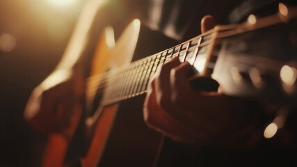 Close-up of a guitarist playing an acoustic guitar in warm lighting