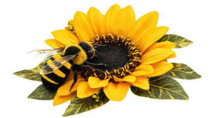 close up of view of bee sitting on yellow flower on white background