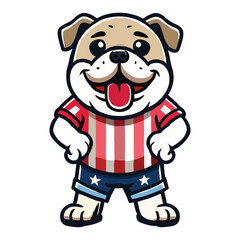 Adorable Cartoon Bulldog Wearing Patriotic Outfit with Striped Shirt and Starred Shorts