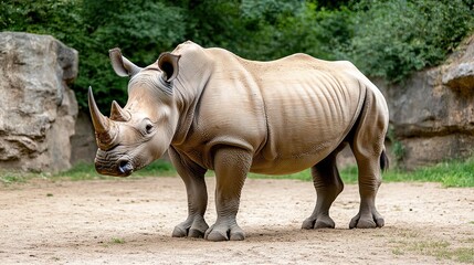 White Rhinoceros standing in grass facing the camera full length 