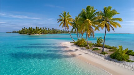 Idyllic tropical beach scene with palm trees, pristine white sand, and turquoise water