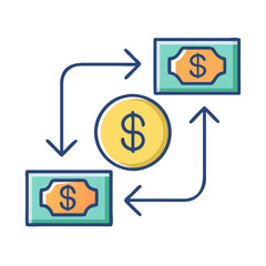 Money exchange icon with dollar coin and bills
