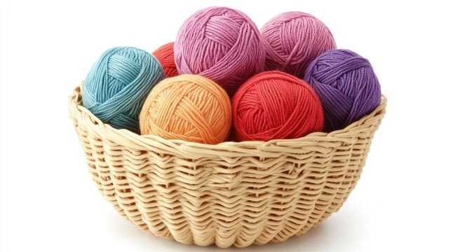Yarn balls sit nestled inside wicker basket, vibrant colors and soft textures suggest creative possibilities.