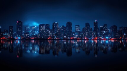 City skyline reflects on water, skyscrapers illuminated at night, creating mesmerizing urban landscape, dark blue color palette.