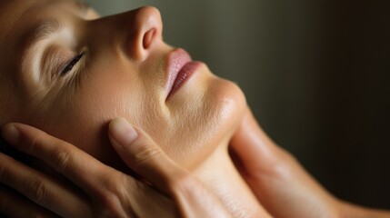 Fototapeta premium Tranquil moment of a woman receiving a relaxing facial massage therapy in a serene environment with soft lighting and a focus on relaxation techniques
