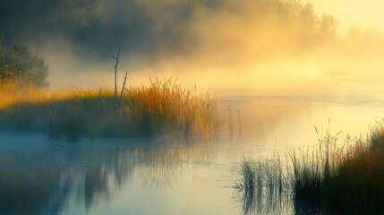 Fototapeta premium Misty golden sunrise illuminating the water with tall reeds and trees