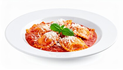 Delicious Ravioli in Tomato Sauce with Parmesan Cheese and Basil Garnish A perfect Italian meal