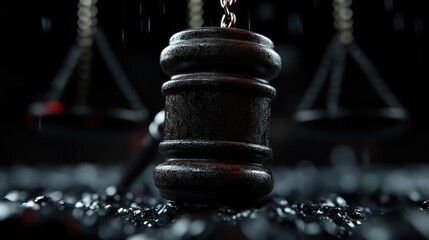 A dark, wet wooden gavel stands prominently in the foreground with blurred scales of justice in the background, symbolizing law and order.