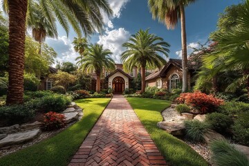 Obraz premium Blue sky, lovely lawn, palm palms, and a luxurious residence. A brick path leads to the entrance of the mansion. Generative Ai