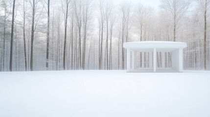 A minimalist white pavilion stands in a vast snow-covered landscape with a dense forest of bare trees under a soft, overcast sky.