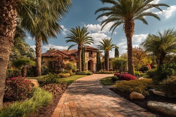 Fototapeta premium Blue sky, lovely lawn, palm palms, and a luxurious residence. A brick path leads to the entrance of the mansion. Generative Ai