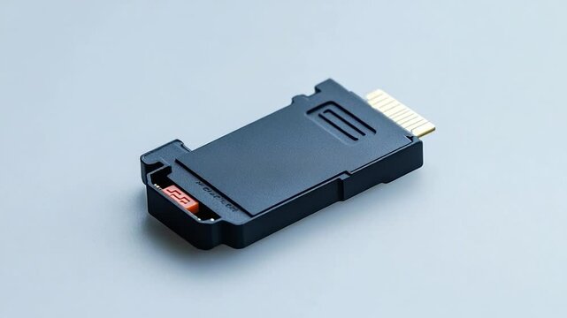 Close-up of a sleek black memory card adapter on a smooth surface