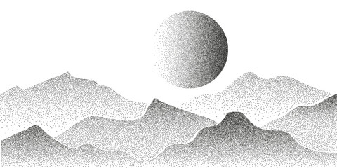 Abstract Mountain Landscape with Sun or Moon in Stipple Dotwork Style. Vector illustration of Mountain range in halftone grainy noise overlay texture