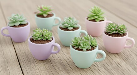 Fototapeta premium Miniature Succulents in Pastel Teacups on Rustic Wooden Surface