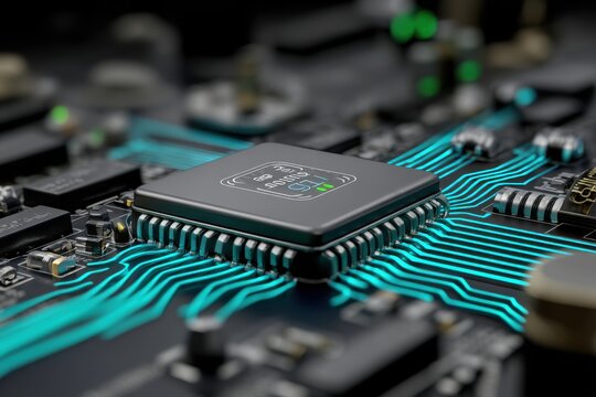 Detailed close-up of a modern computer chip with intricate circuit patterns, showcasing the complex technology and sophisticated design of integrated electronics.