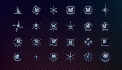 3D shape. Icon metal silver isolated elements. Chrome Y2K style. Abstract forms star, circle and square, flower and sun. Geometric elements. Retro graphic. Vector metallic exact geometric form set